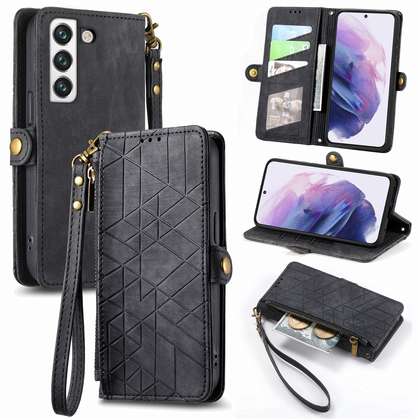 For Samsung Galaxy S22 5G Zipper Pocket Leather Case Geometry Imprinted Wallet Stand Phone Cover For Samsung Galaxy S22 5G Zipper Pocket Leather Case Geometry Imprinted Wallet Stand Phone Cover